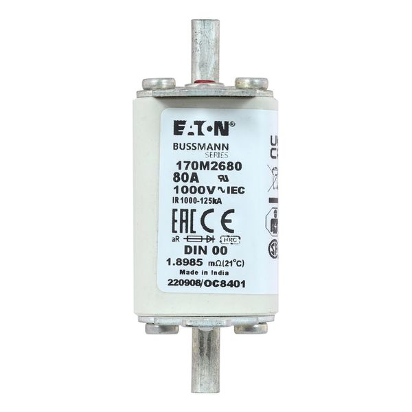 Fuse-link, high speed, 80 A, AC 1000 V, DIN 00, aR, DIN, IEC, single indicator, live gripping lugs image 9