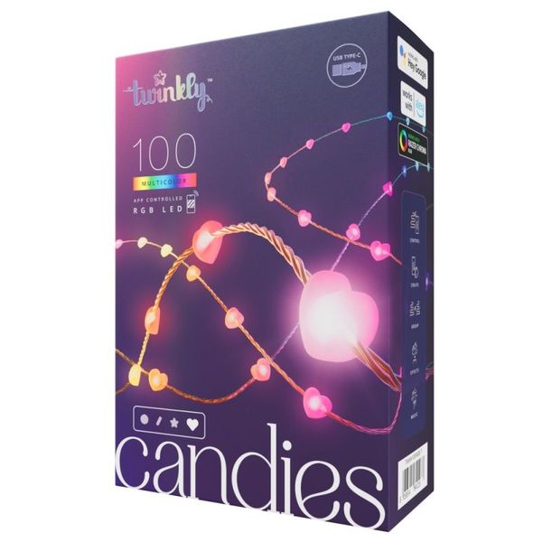 Twinkly Candies – 100 Heart-shaped RGB LEDs, Clear Wire, USB-C image 1