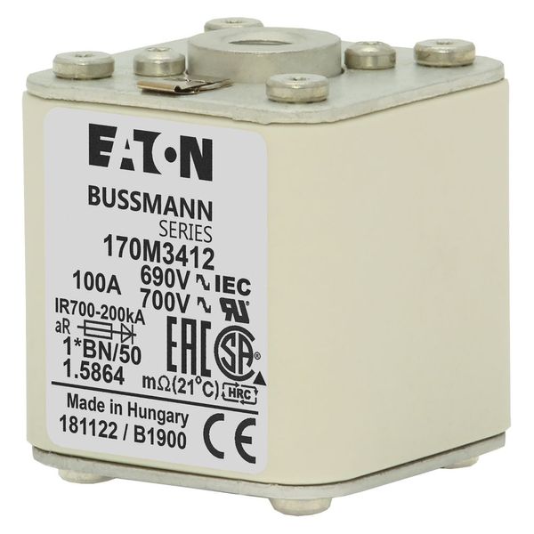 Fuse-link, high speed, 100 A, AC 690 V, compact size 1, 45 x 59 x 51 mm, aR, IEC, UL, visual indicator, flush end, M8 image 2