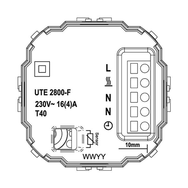 UP floor controller 10-40C, RAL9016 glossy 55x55, AC230V, 16 A, 1 NO contact, PWM / 2 point control, power switch, TA, LED displays, remote sensor image 3