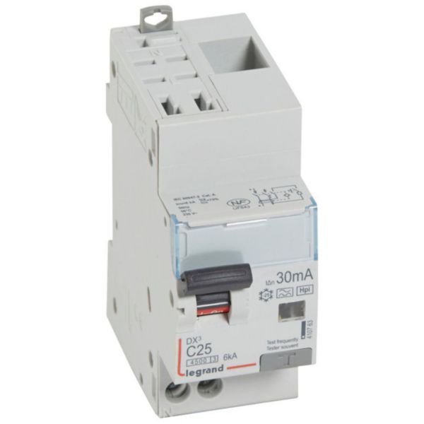 Differential circuit breaker DX³4500 automatic high inlet and low outlet U+N screw 230V~ - 25A typeF 30mA - 2 modules image 1