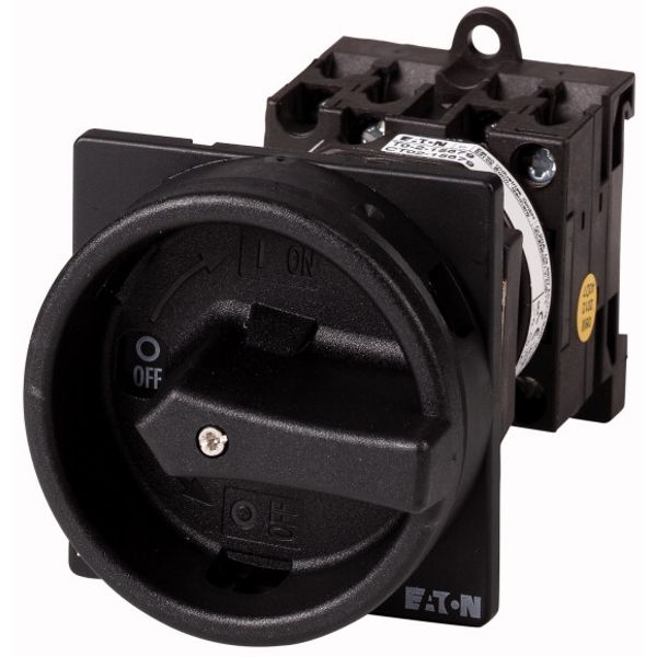 Main switch, T0, 20 A, rear mounting, 2 contact unit(s), 3 pole + N, STOP function, With black rotary handle and locking ring image 1