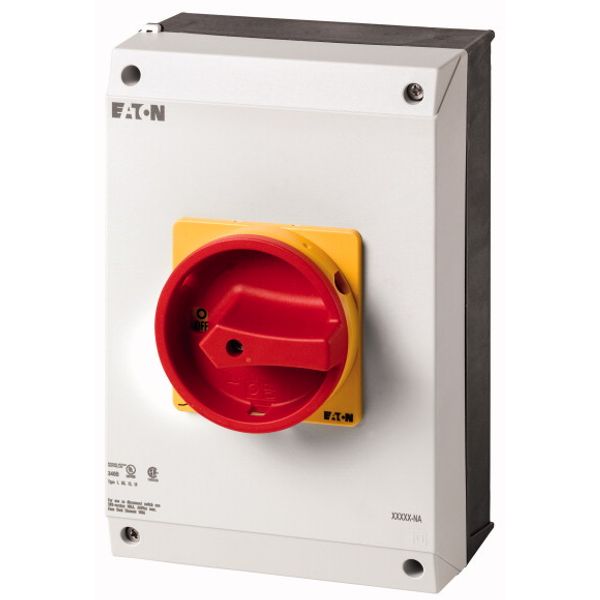 Main switch, P3, 63 A, surface mounting, 3 pole, 1 N/O, 1 N/C, Emergency switching off function, With red rotary handle and yellow locking ring, UL/CS image 1