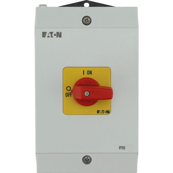 On-Off switch, P1, 40 A, surface mounting, 3 pole, Emergency switching off function, with red thumb grip and yellow front plate, hard knockout version image 1