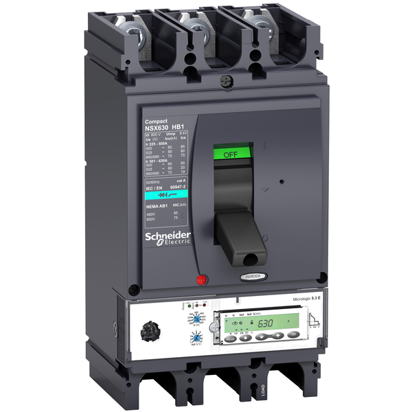 circuit breaker ComPact NSX630HB1, 75 kA at 690 VAC, MicroLogic 5.3 E trip unit 630 A, 3 poles 3d image 4