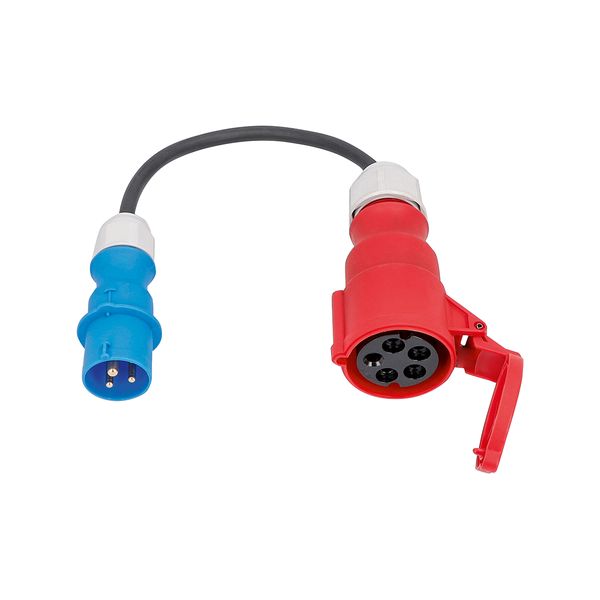 CEE adapter cable 
0,3 m H07RN-F 3G2,5
1st side: CEE plug blue 16A 230V 3pole #60470
2nd side: CEE socket red 400V 16A 5pole #61425 (L1, N, PE)
in polybag with label image 1