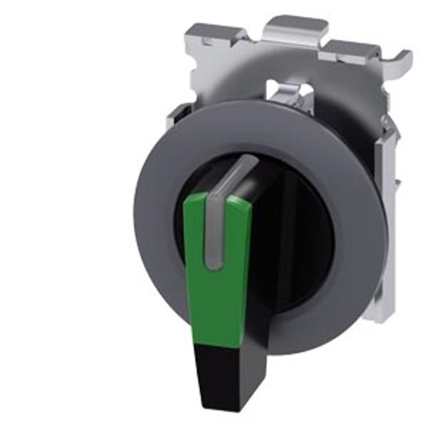 Selector switch, illuminable, 30 mm, round, Metal, matte, green, selector switch, long, front ring for flush installation, 3 switch positions I-O-II,  3SU1062-2EL40-0AA0-Z Y10 image 2