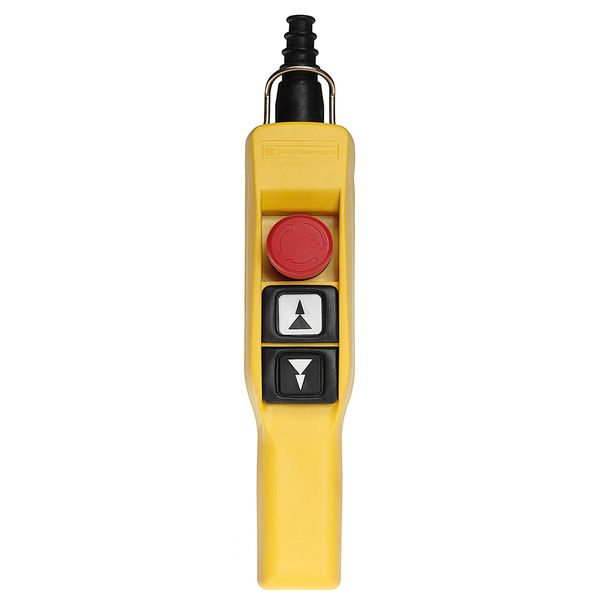 Harmony XAC, Pendant control station, plastic, yellow, pistol grip, 2 booted push buttons with2 NO, 1 emergency stop NC image 1