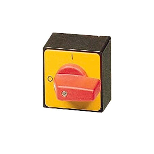 On-Off switch, T0, 20 A, flush mounting, 2 contact unit(s), 3 pole, Emergency switching off function, with red thumb grip and yellow front plate image 1