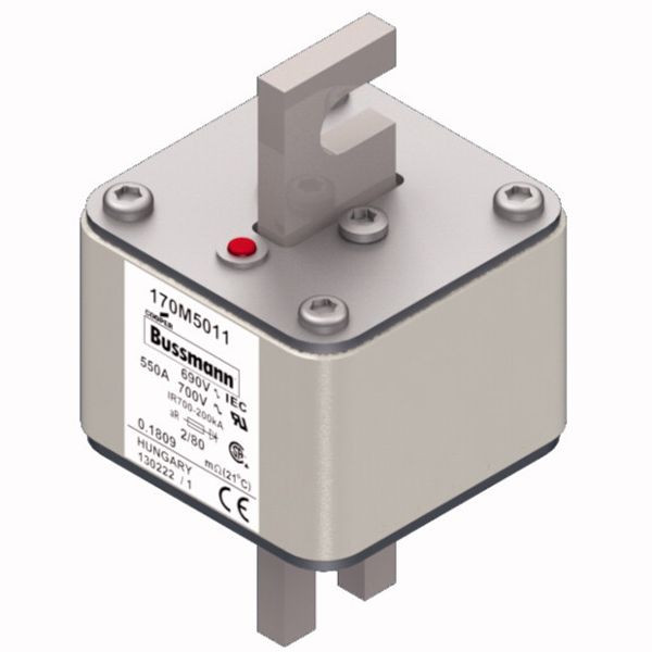 Fuse-link, high speed, 550 A, AC 690 V, DIN 2, 61 x 61 x 108 mm, aR, DIN, IEC, single indicator, 80 mm centres image 2