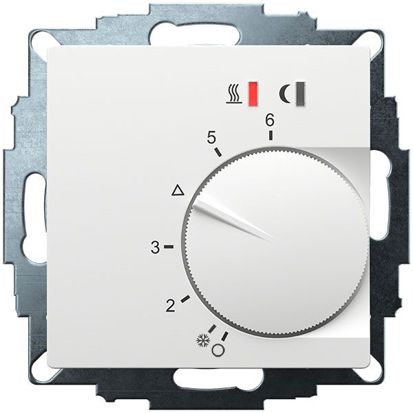 UP room controller, RAL9016 matt 55x55, 5-30C, AC 230V, 16 A relay output 1 NO contact, PWM / 2 point control, switch, TA, LED displays image 1