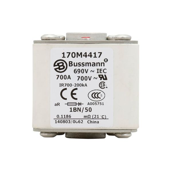 Fuse-link, high speed, 700 A, AC 690 V, size 1, 53 x 69 x 51 mm, aR, IEC, UL, single indicator, flush end, M8 image 7