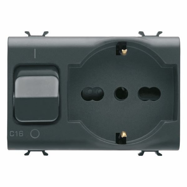 INTERLOCKED SWITCHED SOCKET-OUTLET - 2P+E 16A P40 - WITH MINIATURE CIRCUIT BREAKER 1P+N 16A - 230V ac - 3 MODULES - SATIN BLACK - CHORUSMART. image 2