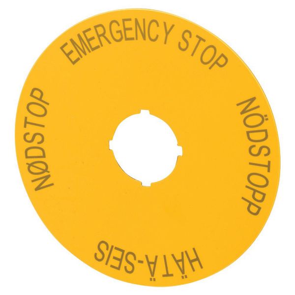 Label, emergency switching off, yellow, D=90mm, 4 languages, DE, SV, FI, DA image 2