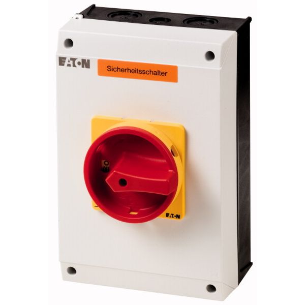 Safety switch, P3, 63 A, 3 pole, 1 N/O, 1 N/C, Emergency switching off function, With red rotary handle and yellow locking ring, Lockable in position image 1