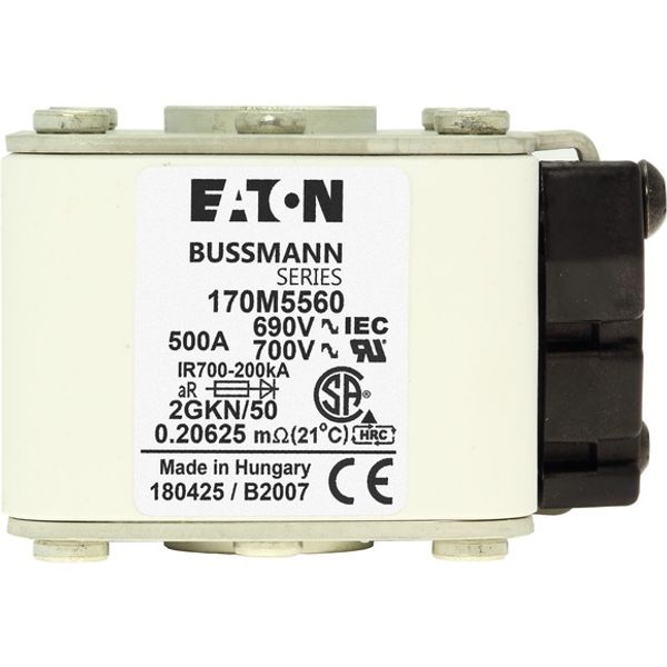 Fuse-link, high speed, 500 A, AC 690 V, size 2, 61 x 77 x 51 mm, aR, IEC, UL, type K indicator, flush end, 16 UNC image 5