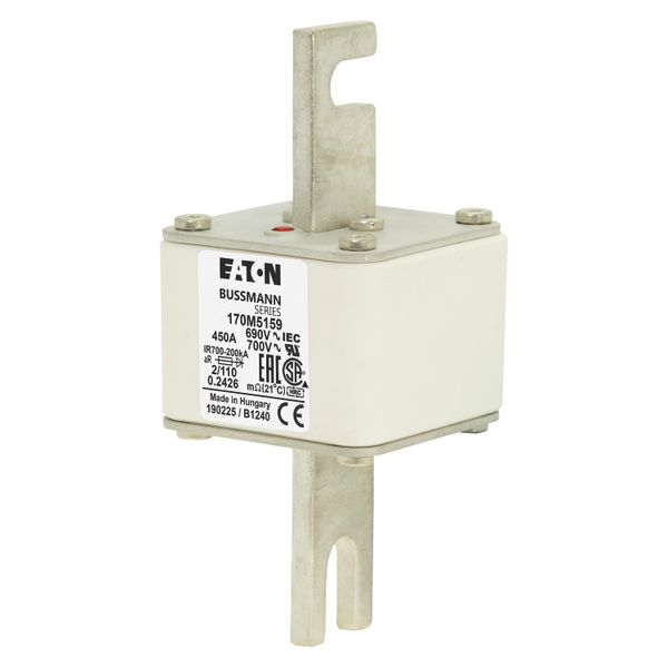 Fuse-link, high speed, 450 A, AC 690 V, DIN 2, 61 x 61 x 108 mm, aR, DIN, IEC, single indicator, 110 mm centres image 4