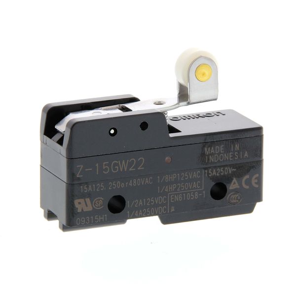 General purpose basic switch, short hinge roller lever, SPDT, 15 A, so image 2