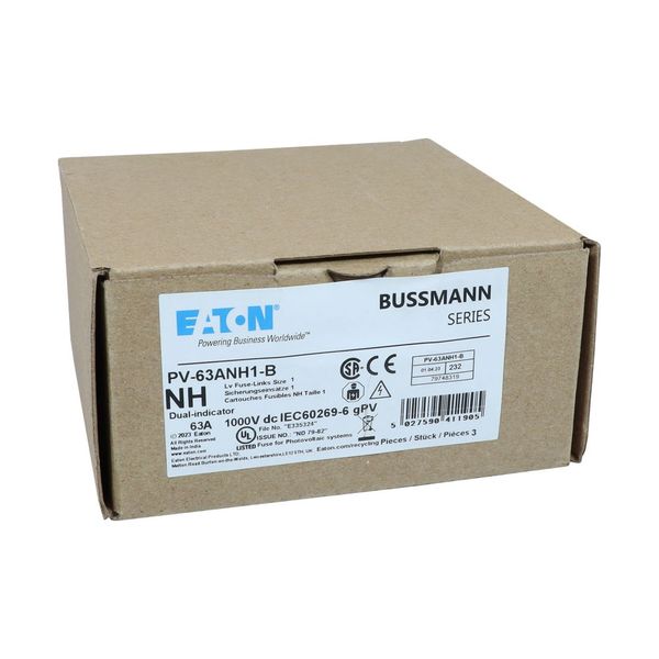 Fuse-link, high speed, 63 A, DC 1000 V, NH1, gPV, UL PV, UL, IEC, dual indicator, bolted tags image 1