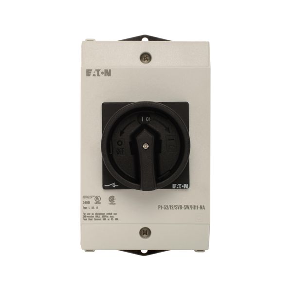 Main switch, P1, 32 A, surface mounting, 3 pole, 1 N/O, 1 N/C, STOP function, With black rotary handle and locking ring, UL/CSA image 5