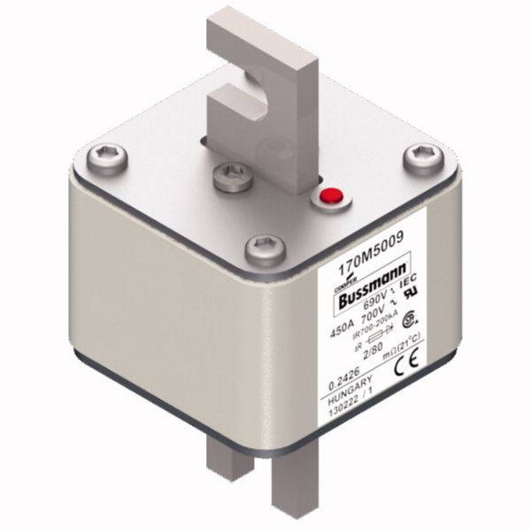 Fuse-link, high speed, 450 A, AC 690 V, DIN 2, 61 x 61 x 108 mm, aR, DIN, IEC, single indicator, 80 mm centres image 3