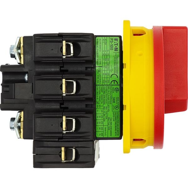 Main switch, P3, 100 A, flush mounting, 3 pole + N, Emergency switching off function, With red rotary handle and yellow locking ring, Lockable in the image 10