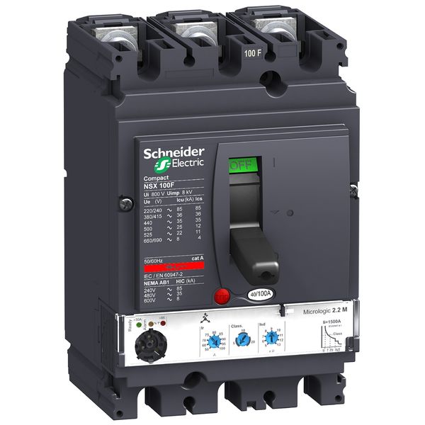 circuit breaker ComPact NSX100F, 36 kA at 415 VAC, MicroLogic 2.2 trip unit 100 A, 3 poles 3d image 4