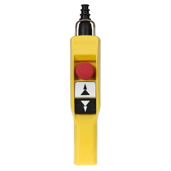 Harmony XAC, Pendant control station, plastic, yellow, pistol grip, 2 push buttons with 2 NO, 1 emergency stop NC image 1