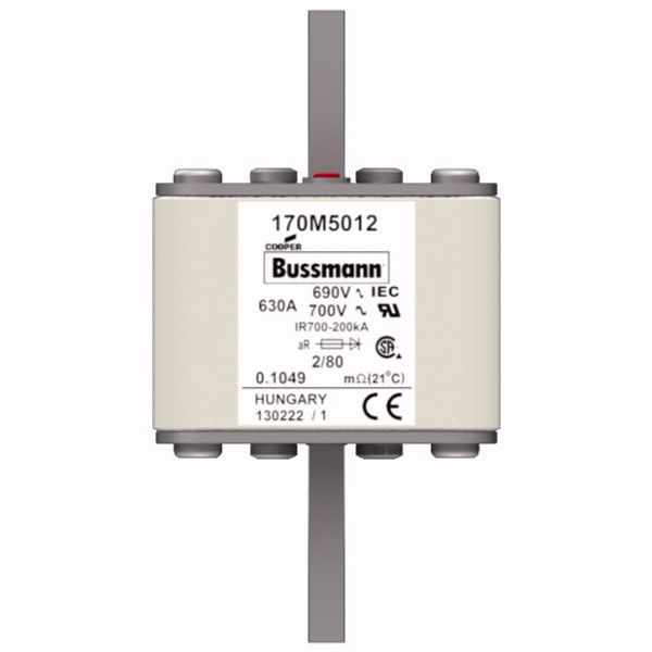 Fuse-link, high speed, 630 A, AC 690 V, DIN 2, 61 x 61 x 108 mm, aR, DIN, IEC, single indicator, 80 mm centres image 1