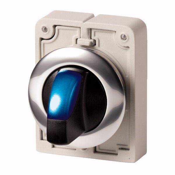 Illuminated selector switch actuator, RMQ-Titan, With thumb-grip, maintained, 3 positions, Blue, Metal bezel image 1