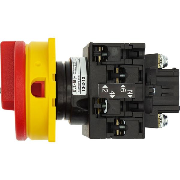 Main switch, T3, 32 A, flush mounting, 2 contact unit(s), 3 pole + N, Emergency switching off function, With red rotary handle and yellow locking ring image 39