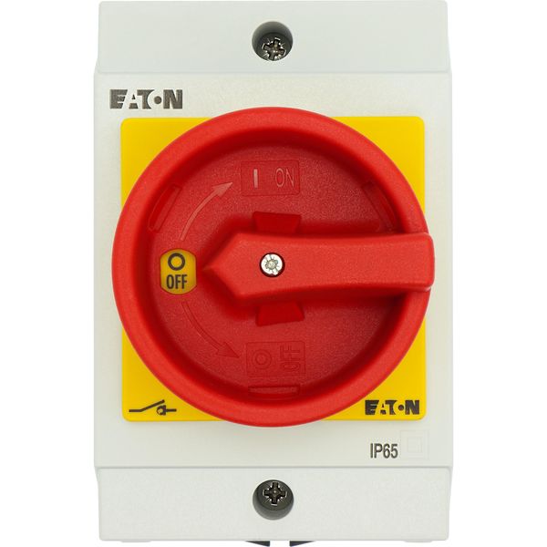 Main switch, T0, 20 A, surface mounting, 2 contact unit(s), 3 pole, 1 N/O, Emergency switching off function, With red rotary handle and yellow locking image 23