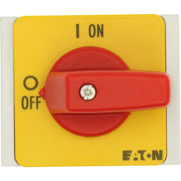 On-Off switch, T0, 20 A, service distribution board mounting, 1 contact unit(s), 2 pole, Emergency switching off function, with red thumb grip and yel image 30