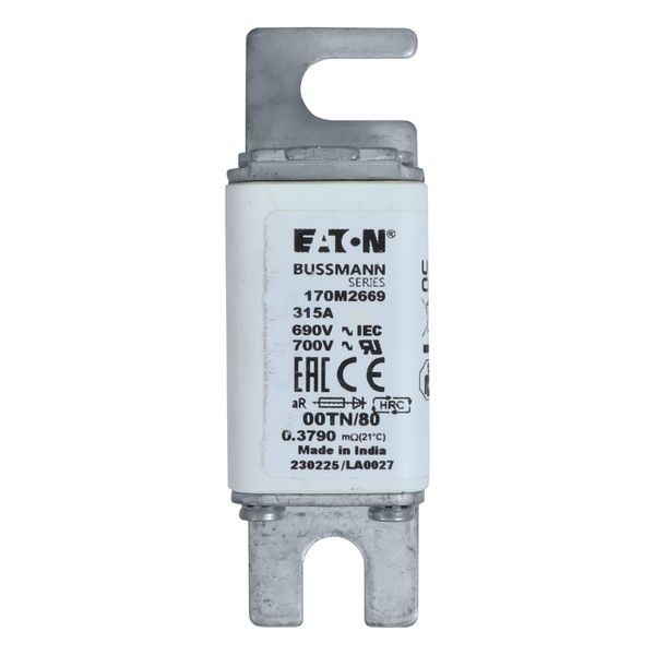 Fuse-link, high speed, 315 A, AC 690 V, DIN 00, aR, DIN, IEC, single indicator, live gripping lugs image 24