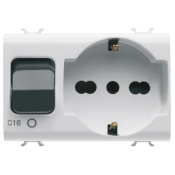 INTERLOCKED SWITCHED SOCKET-OUTLET - 2P+E 16A P40 - WITH MINIATURE CIRCUIT BREAKER 1P+N 16A - 230V ac - 3 MODULES - GLOSSY WHITE - CHORUSMART. image 1