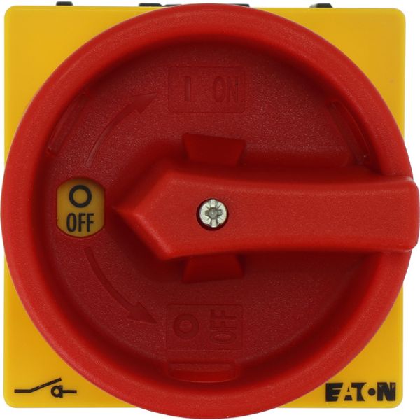 Main switch, P1, 40 A, rear mounting, 3 pole, Emergency switching off function, With red rotary handle and yellow locking ring, Lockable in the 0 (Off image 1