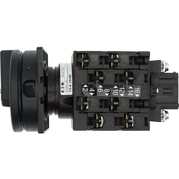Main switch, T3, 32 A, flush mounting, 4 contact unit(s), 6 pole, 1 N/O, 1 N/C, STOP function, With black rotary handle and locking ring, Lockable in image 16