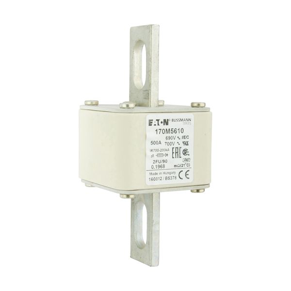 Fuse-link, high speed, 500 A, AC 690 V, size 2, 61 x 77 x 135 mm, aR, IEC, UL, no indicator, 90 mm centres image 12