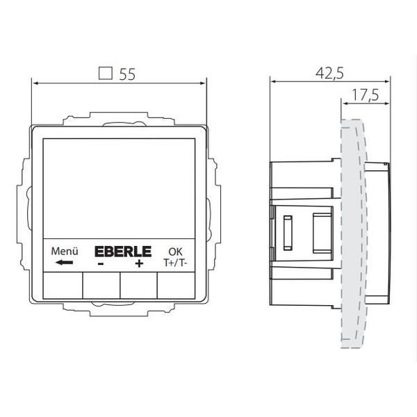 Flush-mounted thermostat as room controller, RAL9016 glossy 55x55, AC 230V, 10 A relay output 1 NO contact, white backlighting image 2