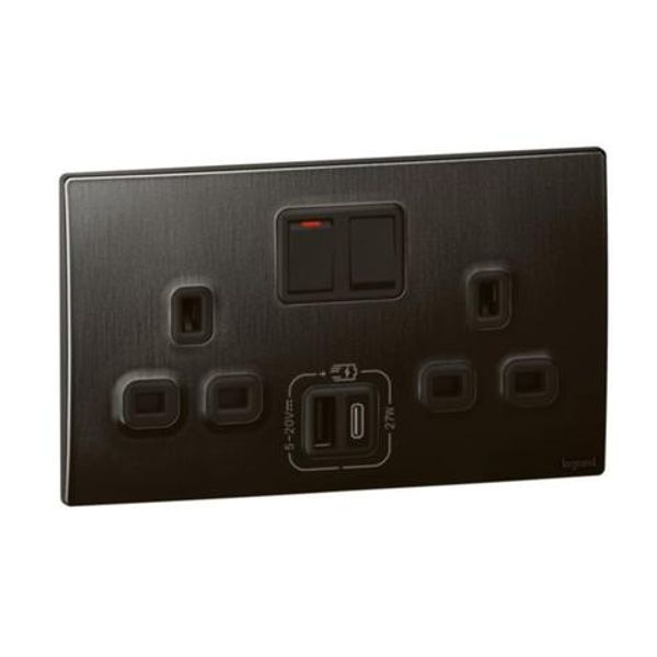 Mallia Senses - 2 gang single pole switched socket outlets - with USB A+C 27W charger - Brushed Black image 1