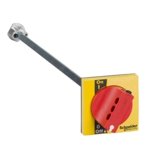 extended rotary handle for front control, Compact INS40 to INS60, IP55, IK08, red handle on yellow front image 3
