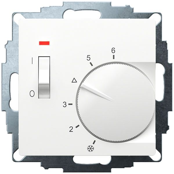 UP-Raumregler, RAL9016 glänzend 55x55, 5-30C, AC 24V, 1Öffner 10 A bei DC 24 V 100 W, Tem.absenkung  ca.4K, Schalter Ein/Aus, Anzeige Regler "Ein" image 1