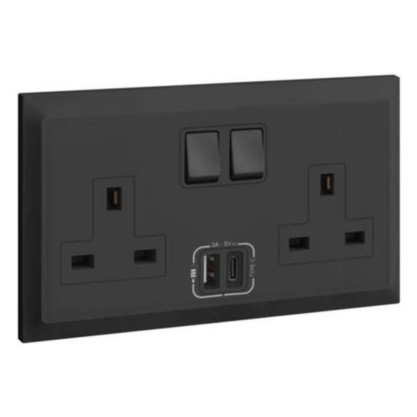 Belanko S - 2 gang single pole BS switched socket outlet inboard - 13A + USB type A+C - AnthracIte image 1