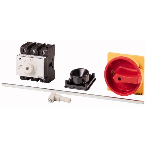 Main switch, P3, 100 A, rear mounting, 3 pole, Emergency switching off function, With red rotary handle and yellow locking ring, Lockable in the 0 (Of image 1