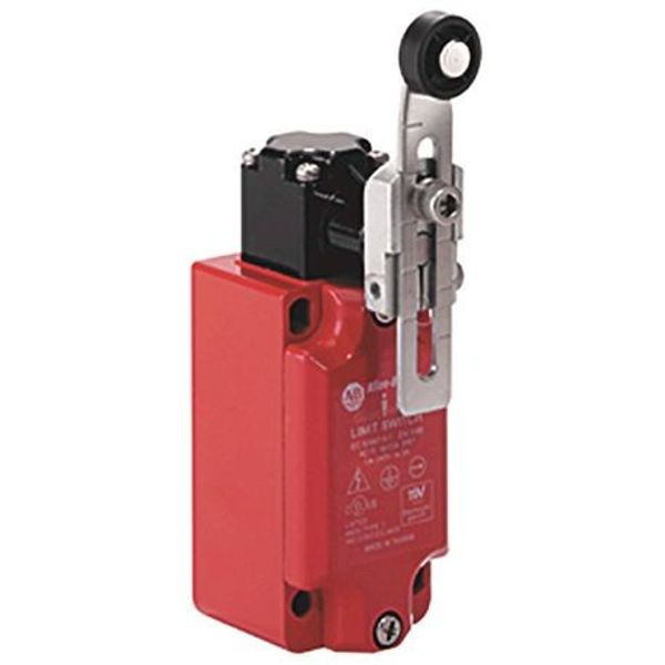 Allen-Bradley, 440P-MMHB22E, Safety Limit Switch, 30mm Metal, Short Lever Metal Roller, 2 N.C., 2 N.O., BBM, 1/2 in NPT Conduit image 1