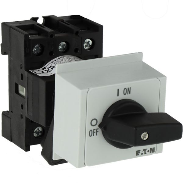 On-Off switch, P1, 40 A, service distribution board mounting, 3 pole, with black thumb grip and front plate image 2