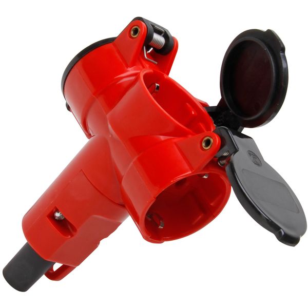 3-fach Kunststoff-Schutzkontakt-Kupplung, mit Klappdeckeln und Knickschutztülle, für Kabelquerschnitt bis 3x1,5mm², Farbe: rot image 1