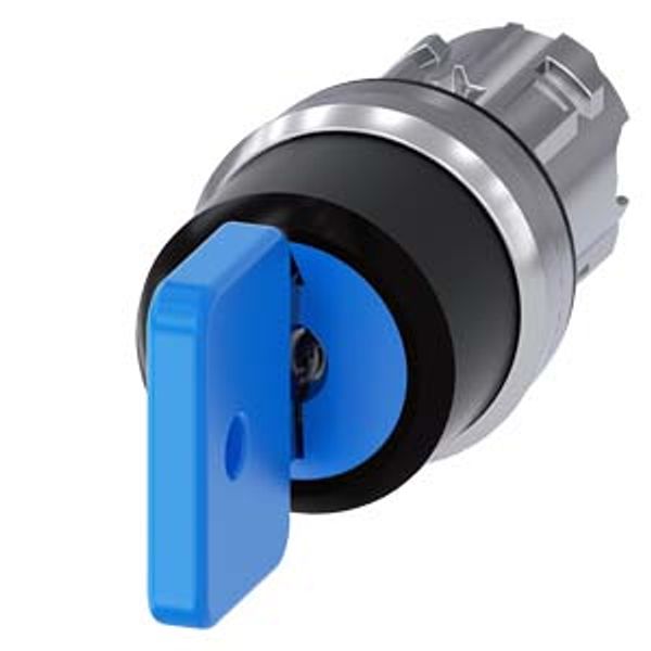 3SU1050-4GL11-0AA0-Z Y10 Key-operated switch O.M.R, 22 mm, round, metal, shiny, lock number 73038, blue, with 2 keys, 3 switch positions I-O-II, latching, actuating angle 2x45°, image 1