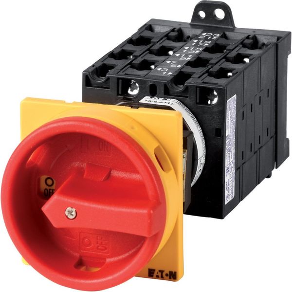 Main switch, T3, 32 A, rear mounting, 6 contact unit(s), 12-pole, Emergency switching off function, With red rotary handle and yellow locking ring image 3