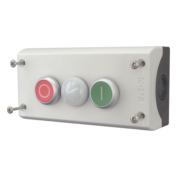 Housing, Pushbutton actuators, Indicator lights, Enclosure, momentary, 2 NC, 2 N/O, Screw connection, Number of locations 2, Grey, inscribed, Bezel: t image 4